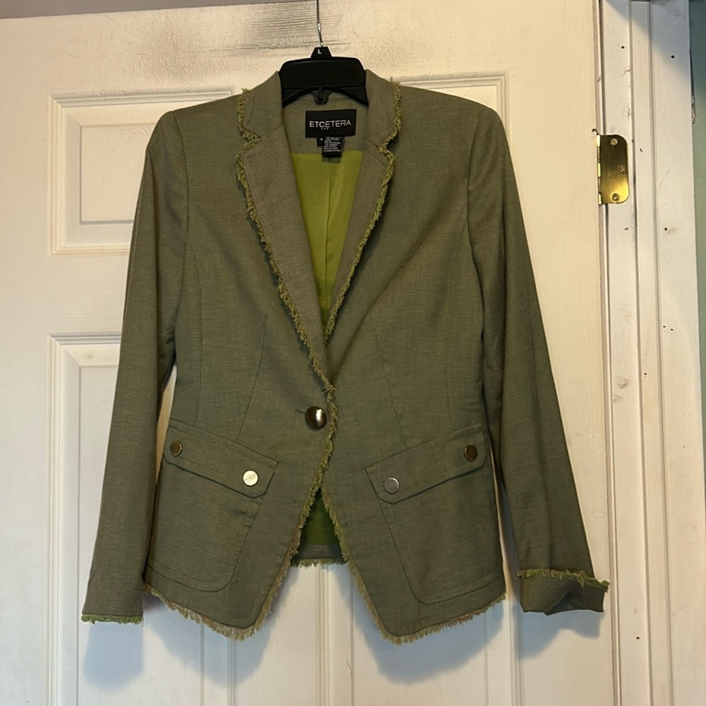 Etcetera Green Blazer Size 4 With Frayed Edges and Button Detail
